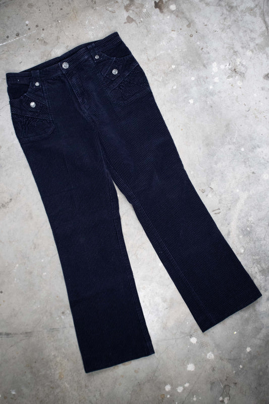 Multi-Pocket Navy Blue Corduroy Straight Legged Pants