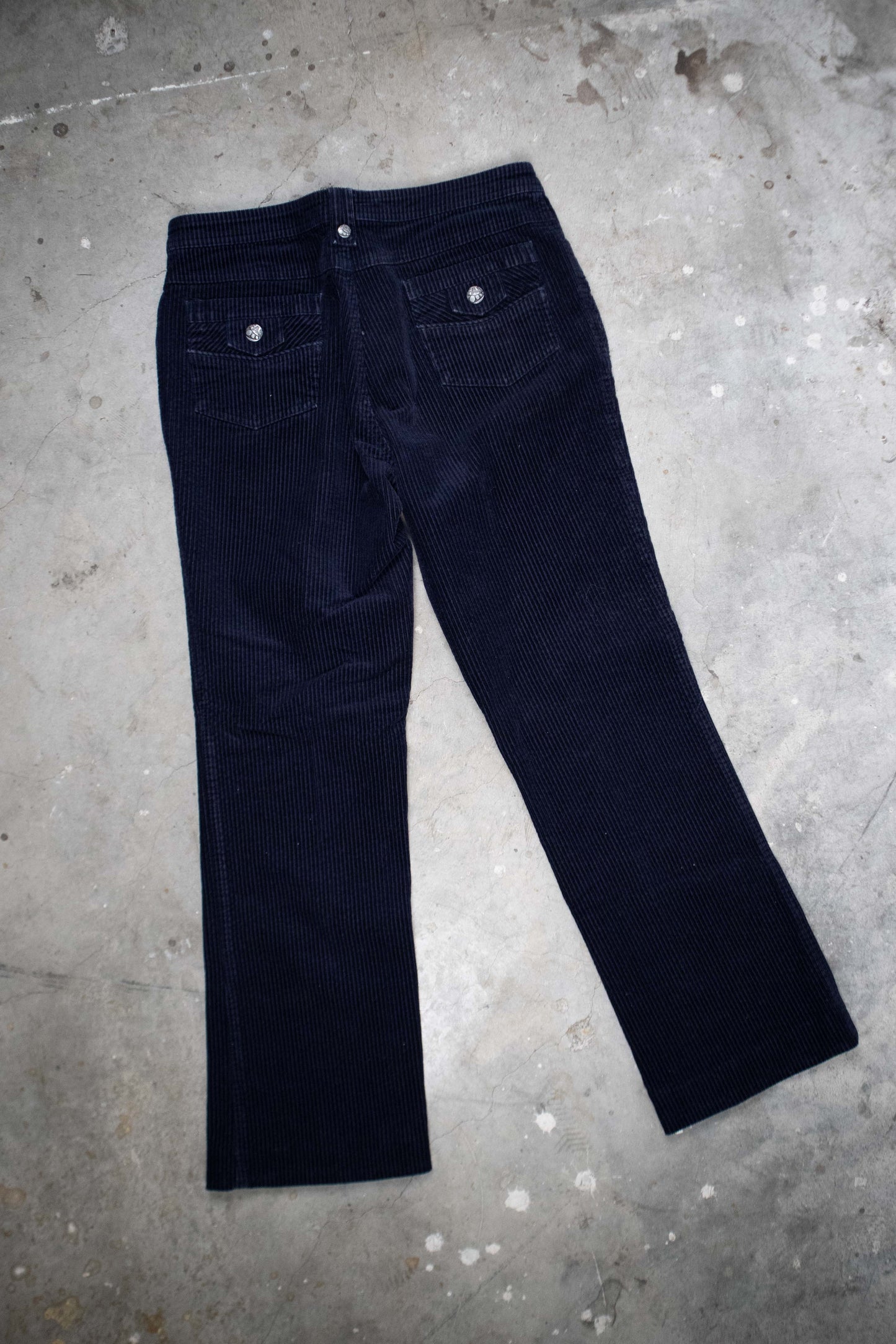 Multi-Pocket Navy Blue Corduroy Straight Legged Pants