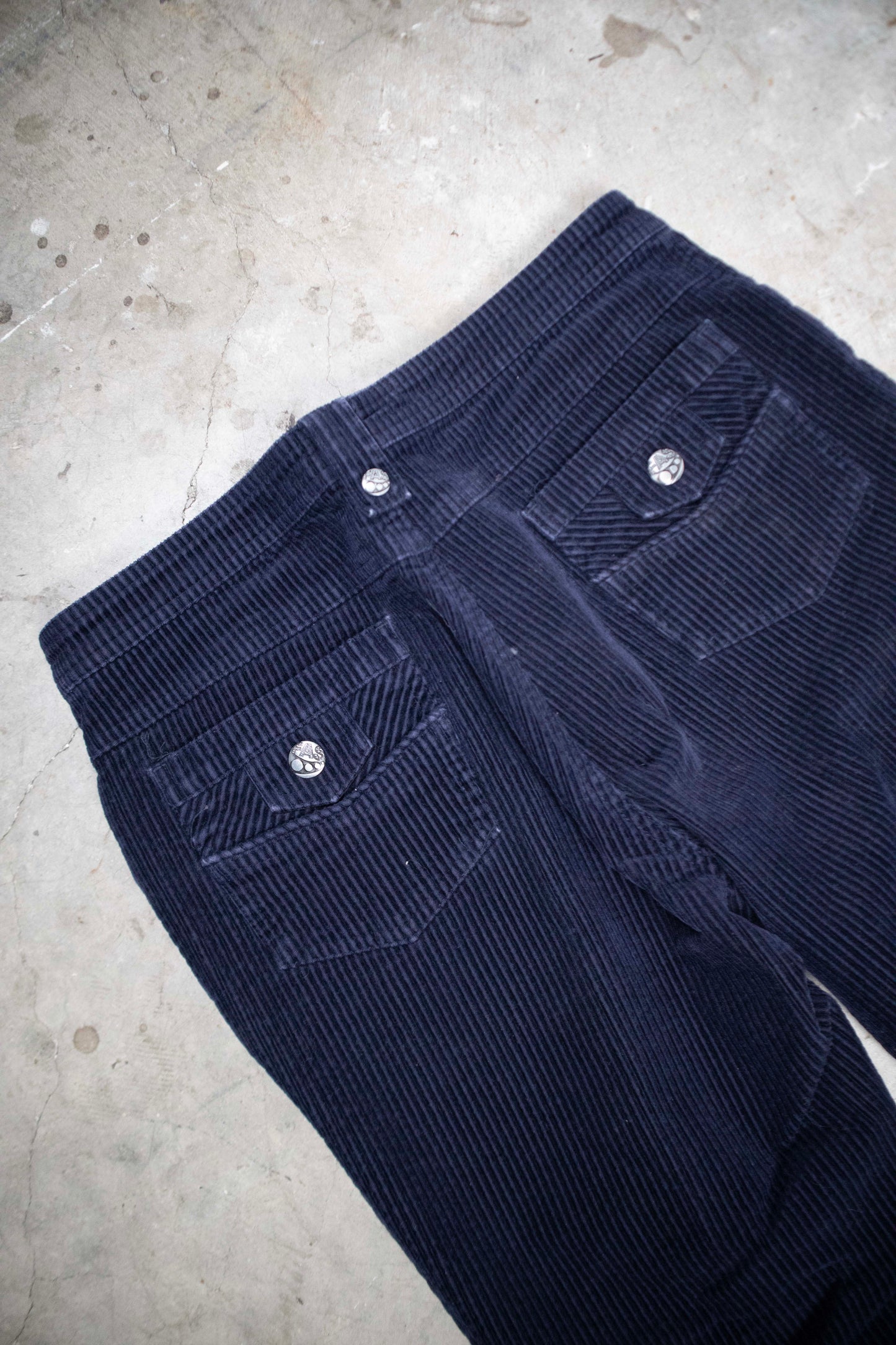 Multi-Pocket Navy Blue Corduroy Straight Legged Pants